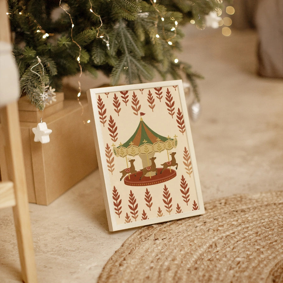 Christmas Carousel Wall Art – Festive Reindeer Ride Illustration