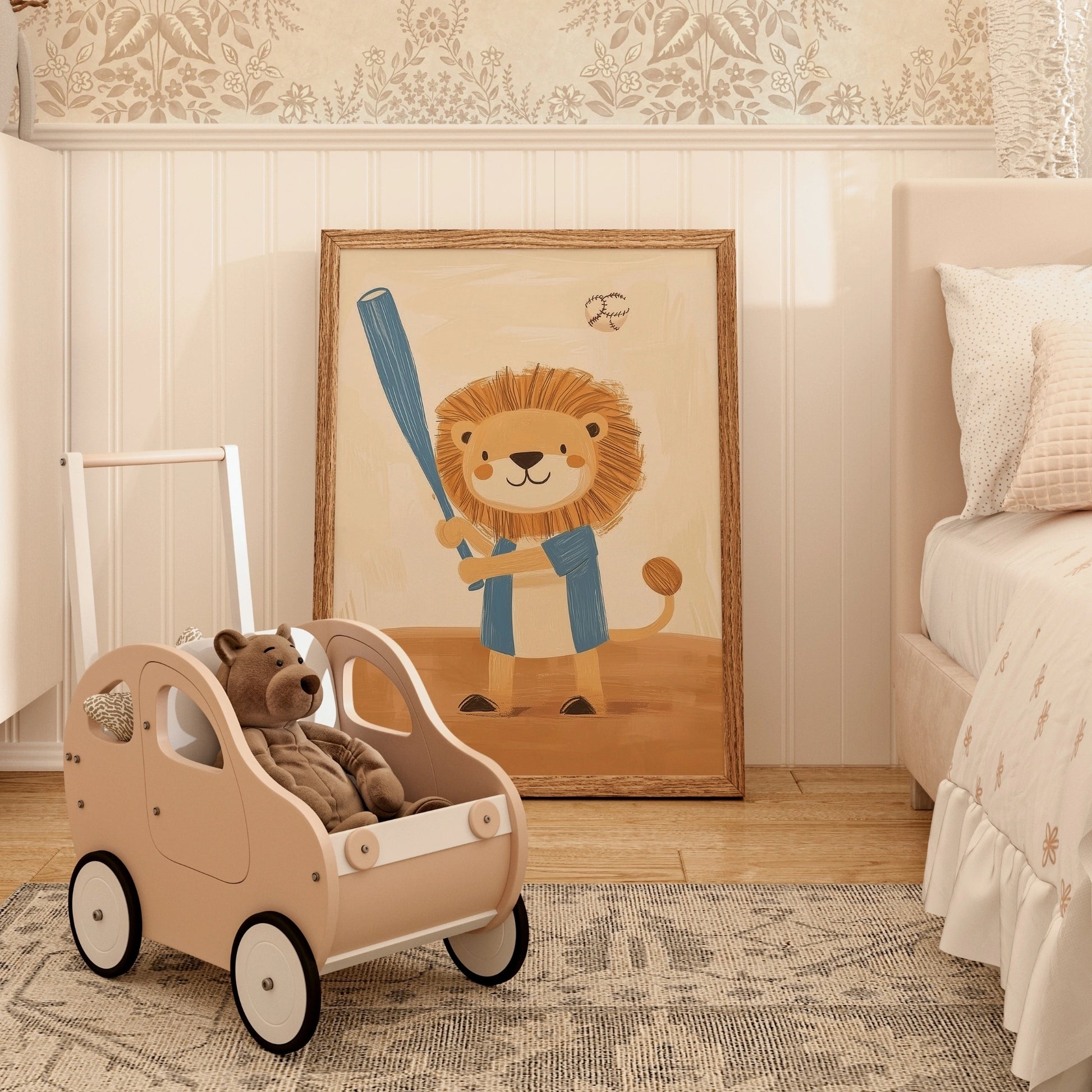 Baseball Lion Wall Art – Sports Animal Print for Boys Room