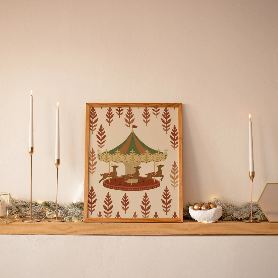 Christmas Carousel Wall Art – Festive Reindeer Ride Illustration