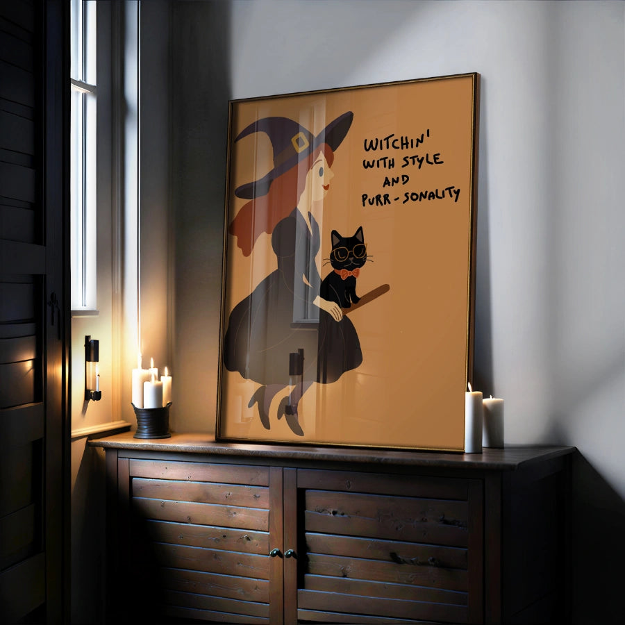 Witch and Cat Wall Art – Cute Halloween Print