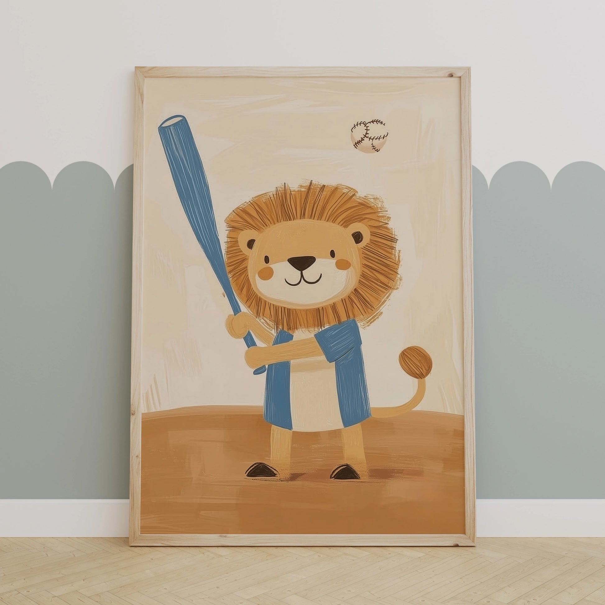 Baseball Lion Wall Art – Sports Animal Print for Boys Room