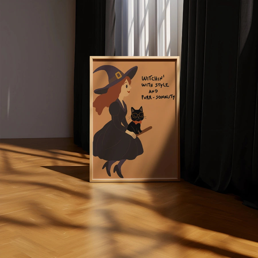 Witch and Cat Wall Art – Cute Halloween Print