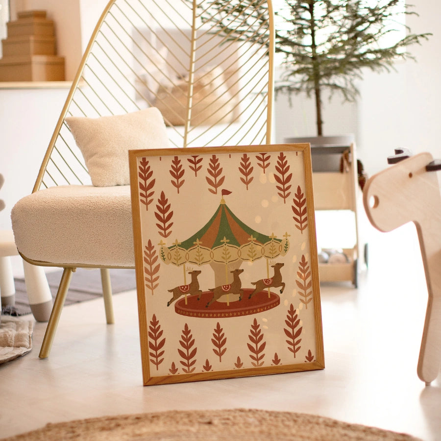 Christmas Carousel Wall Art – Festive Reindeer Ride Illustration