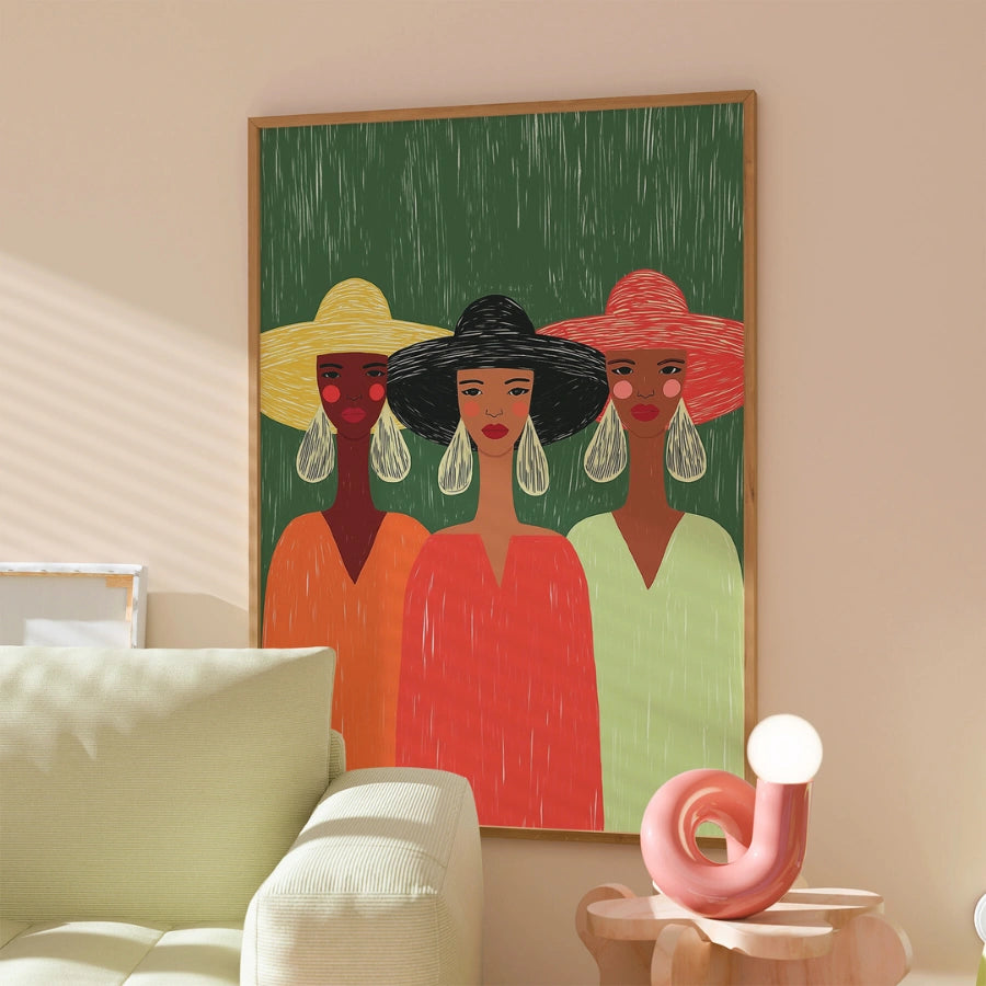 Sisterhood Wall Art – Stampa di un trio di ritratti femminili audaci 