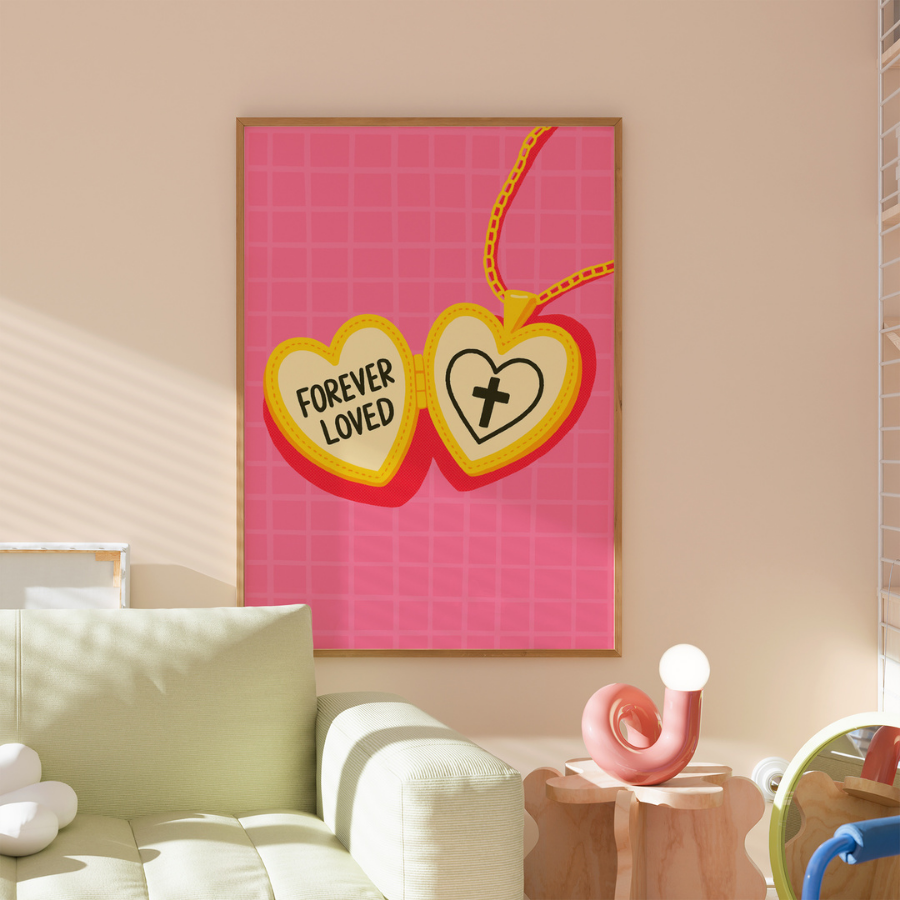 Forever Loved Christian Wall Art – Pink Heart Cross Necklace Print