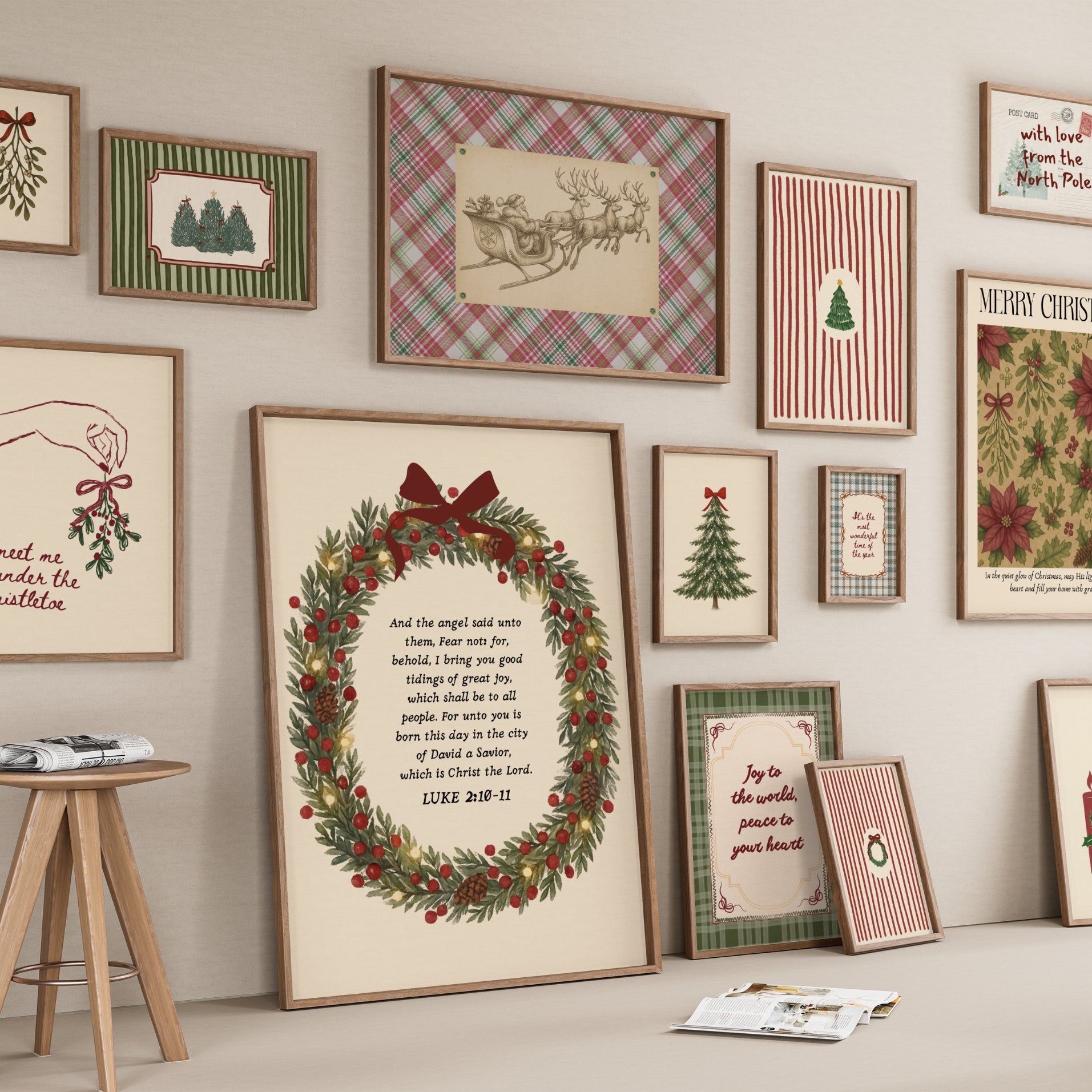 Hand-Drawn Vintage Holiday Set of 16 Prints