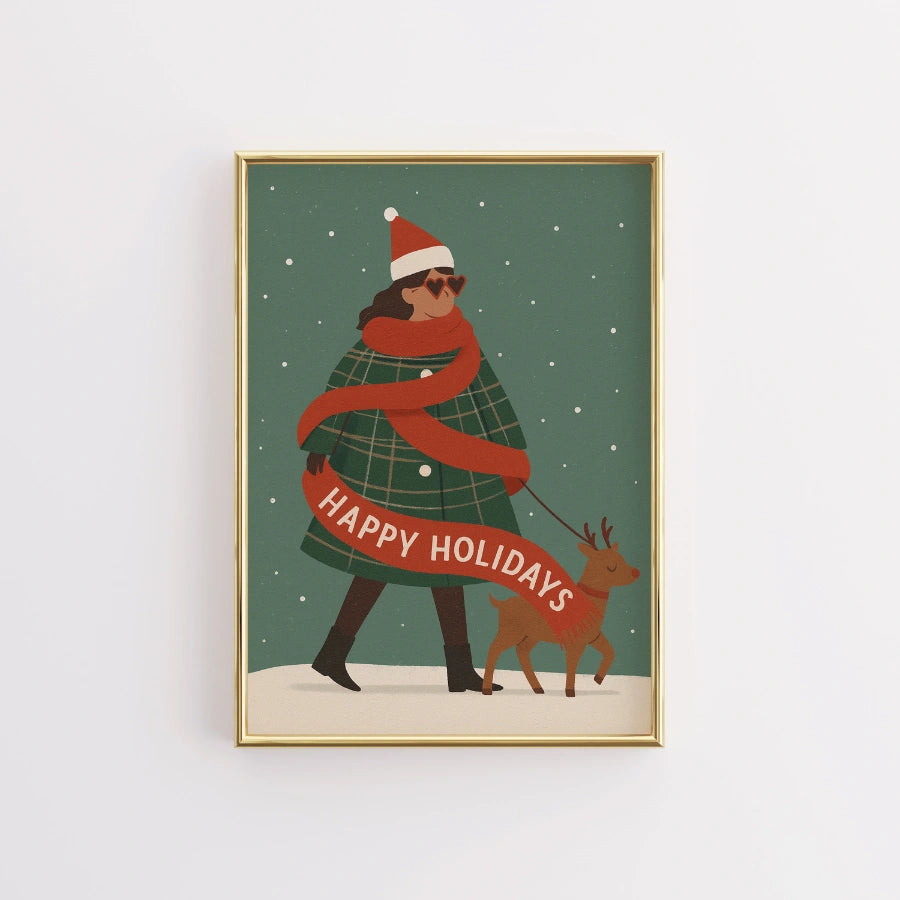 Happy Holidays Wall Art – Trendy Christmas Woman Print