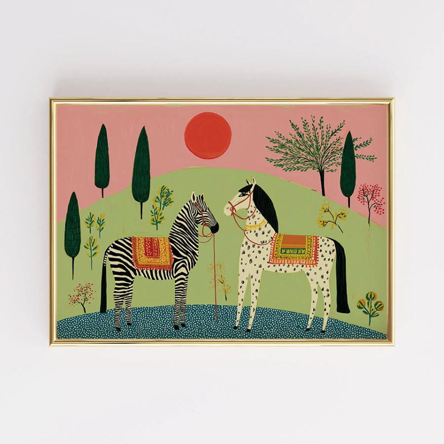 Boho-Wandbild mit Zebra und Pferd – Farbenfroher Tierdruck im Bohème-Stil 