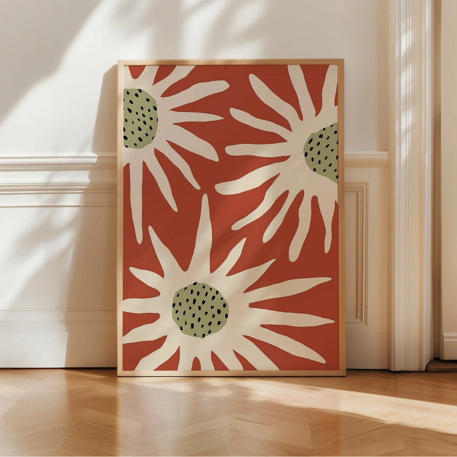 Arte murale con fiori in terracotta – Stampa astratta moderna a raggi di sole 