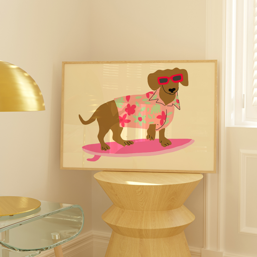 Stampa Surf Dog – Divertente arte murale tropicale
