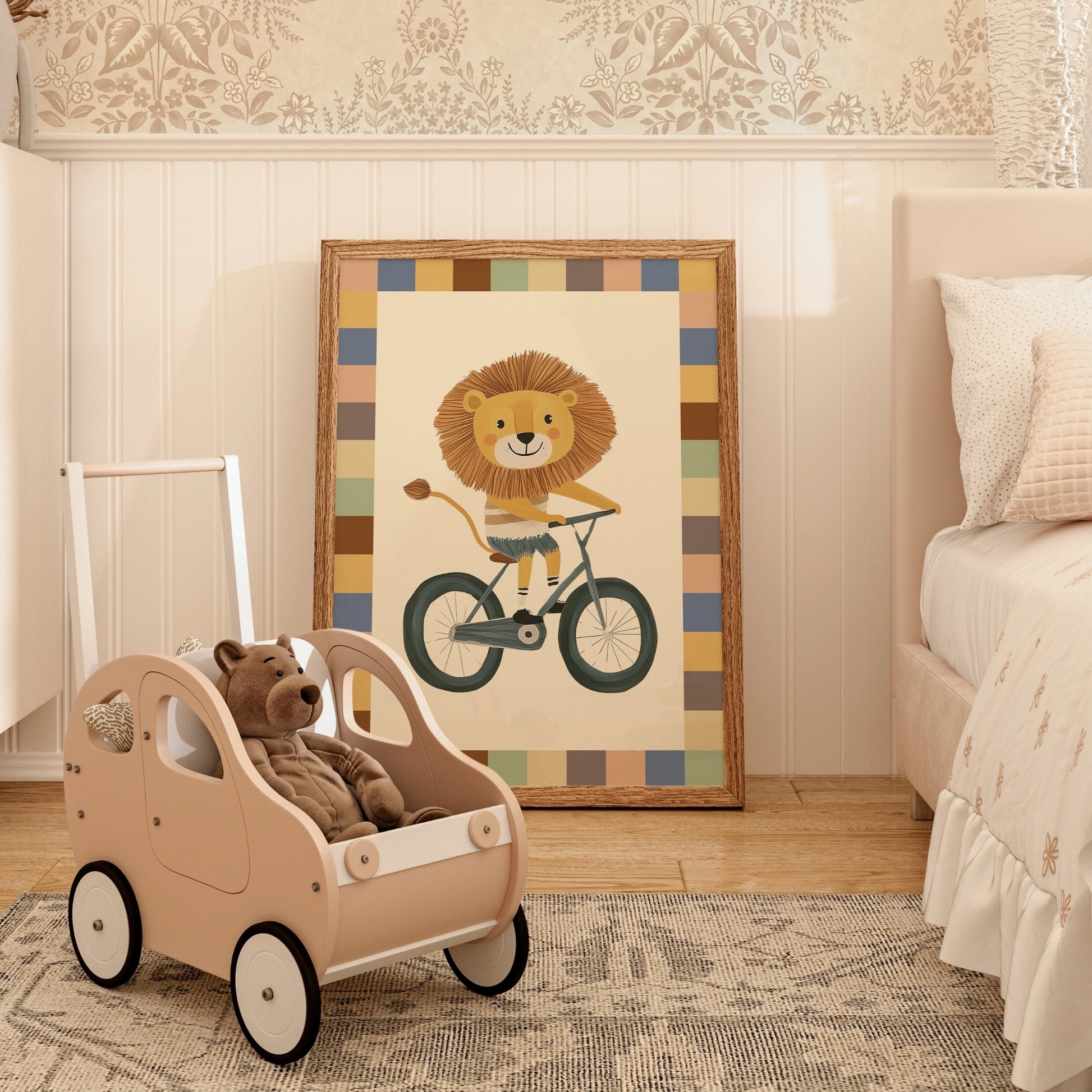 Lion on Bike Wall Art - Cute Safari Animal Print