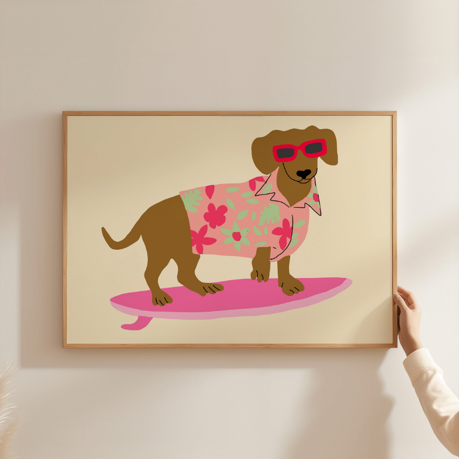 Stampa Surf Dog – Divertente arte murale tropicale
