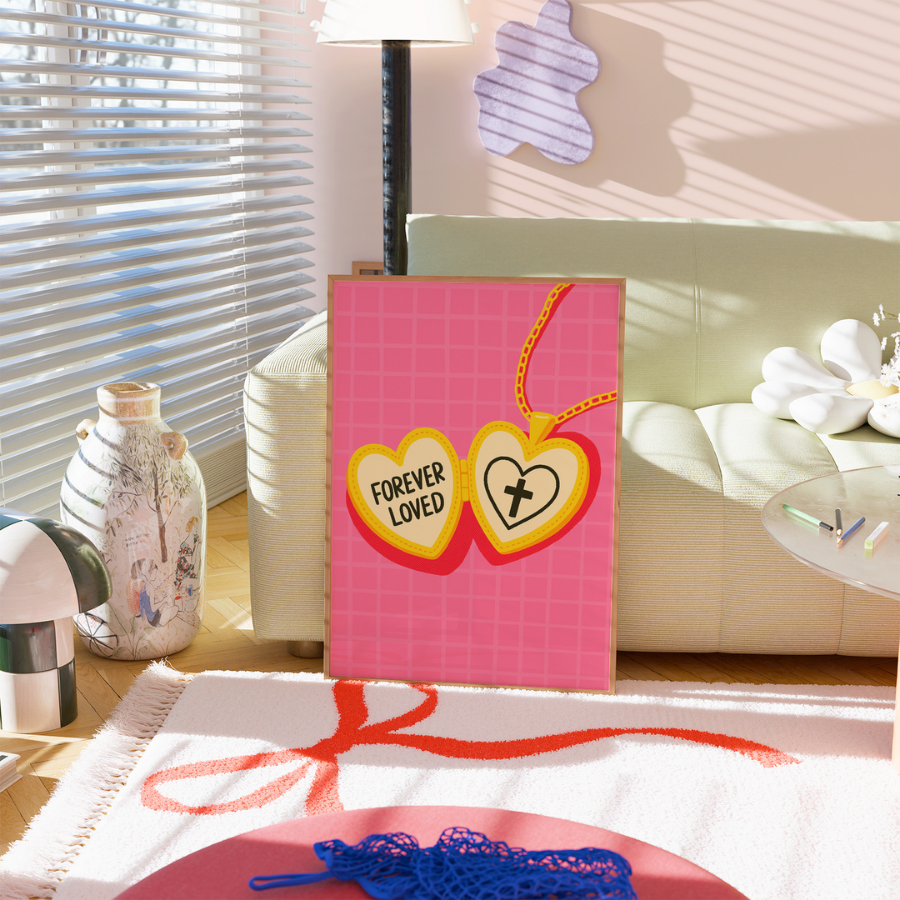 Forever Loved Christian Wall Art – Pink Heart Cross Necklace Print