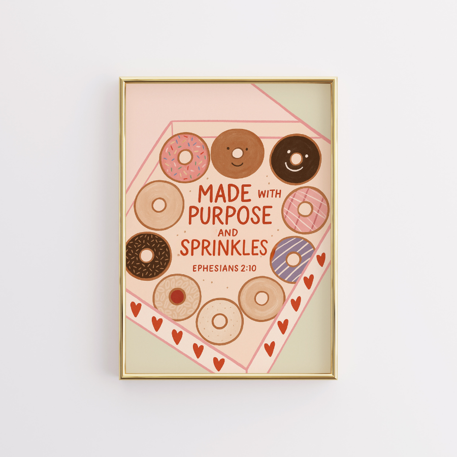 Made with Purpose Christian Wall Art – Cute Donut Bible Verse Print