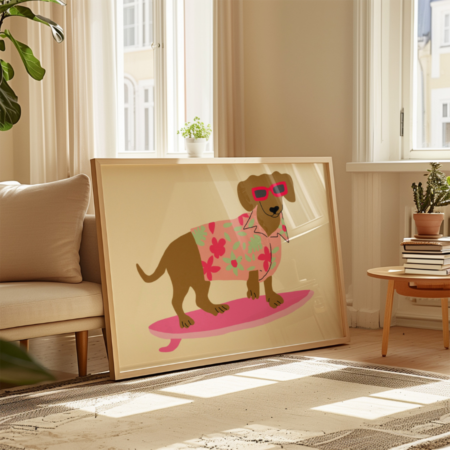 Stampa Surf Dog – Divertente arte murale tropicale