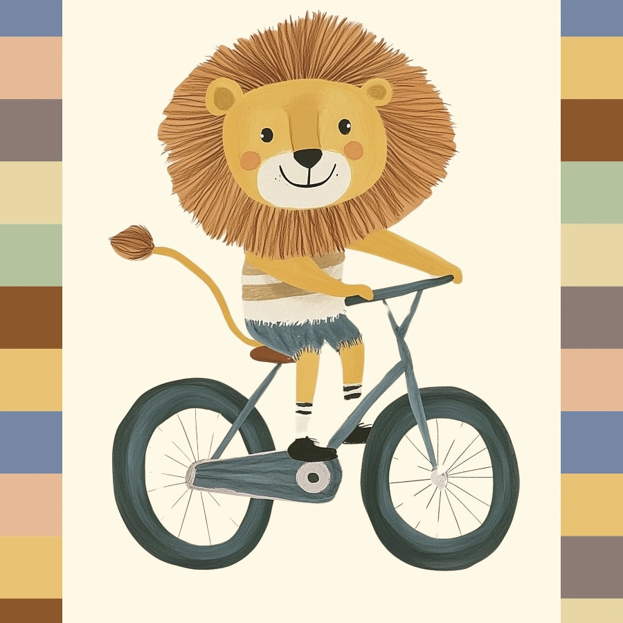 Lion on Bike Wall Art - Cute Safari Animal Print