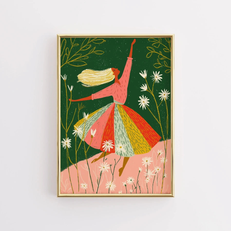 Arte murale con donna danzante – Stampa di una ragazza floreale stravagante 