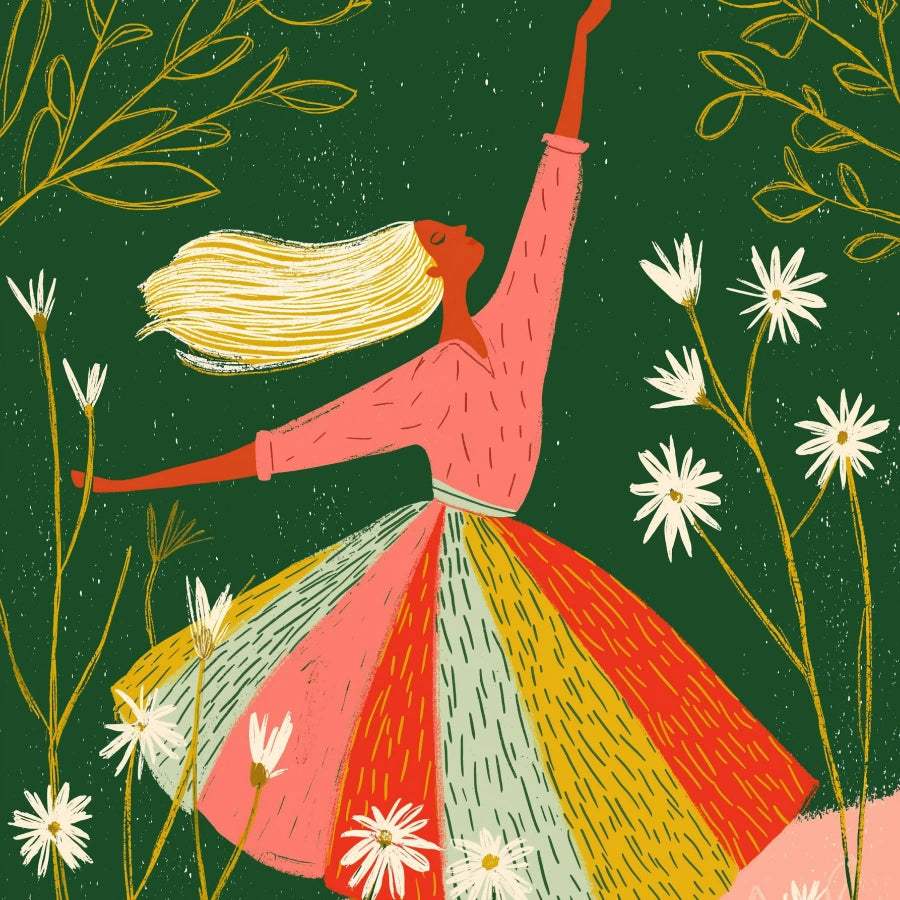 Arte murale con donna danzante – Stampa di una ragazza floreale stravagante 