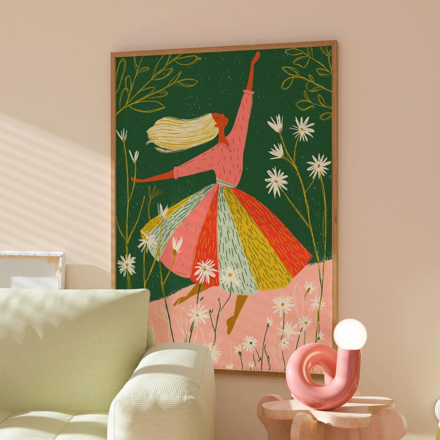 Arte murale con donna danzante – Stampa di una ragazza floreale stravagante 
