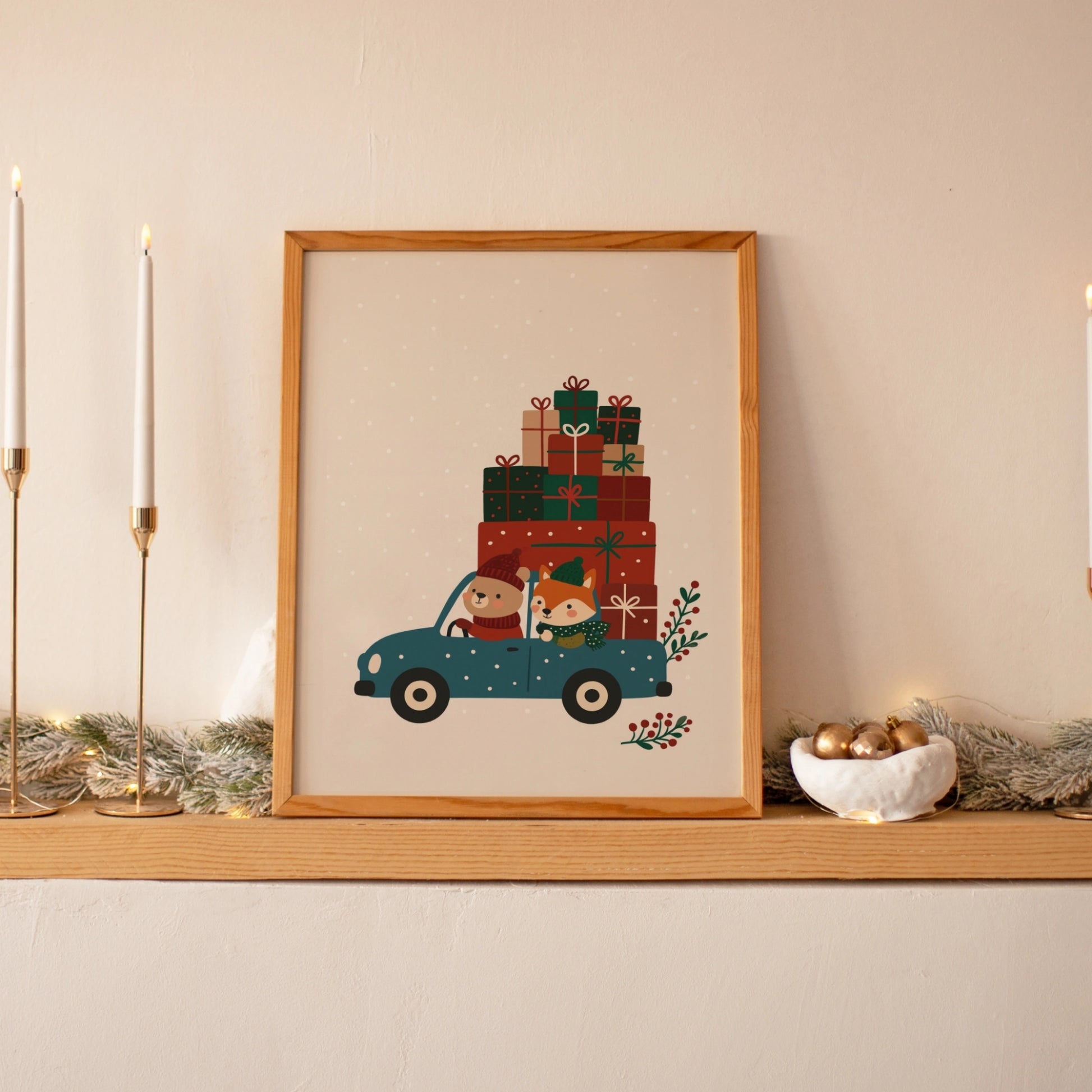 Folk Christmas Car Illustration