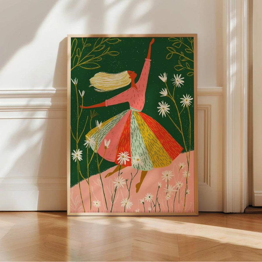 Arte murale con donna danzante – Stampa di una ragazza floreale stravagante 