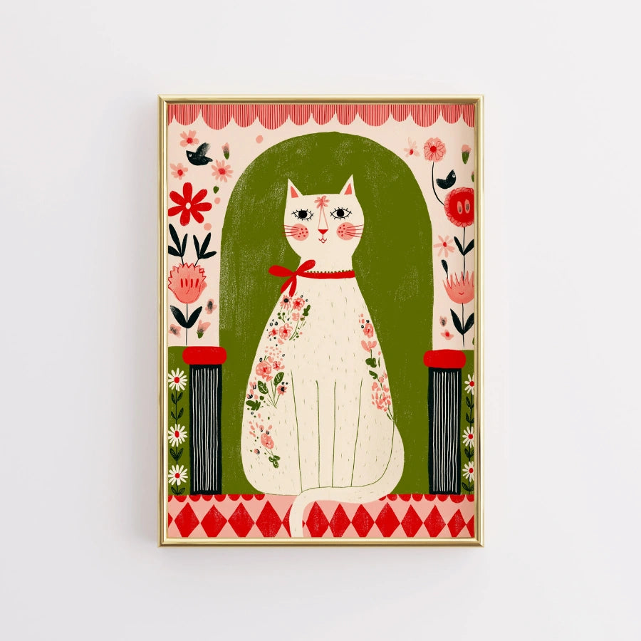 Cat Wall Art – Whimsical Floral Cat Print
