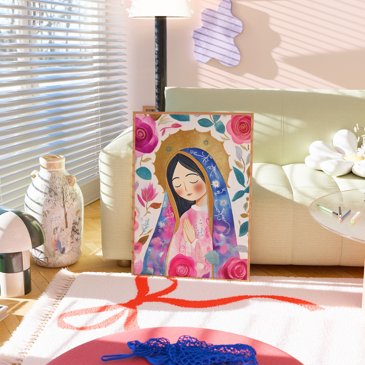 Heilige Maria – Blumenkunst für katholische Wandbilder