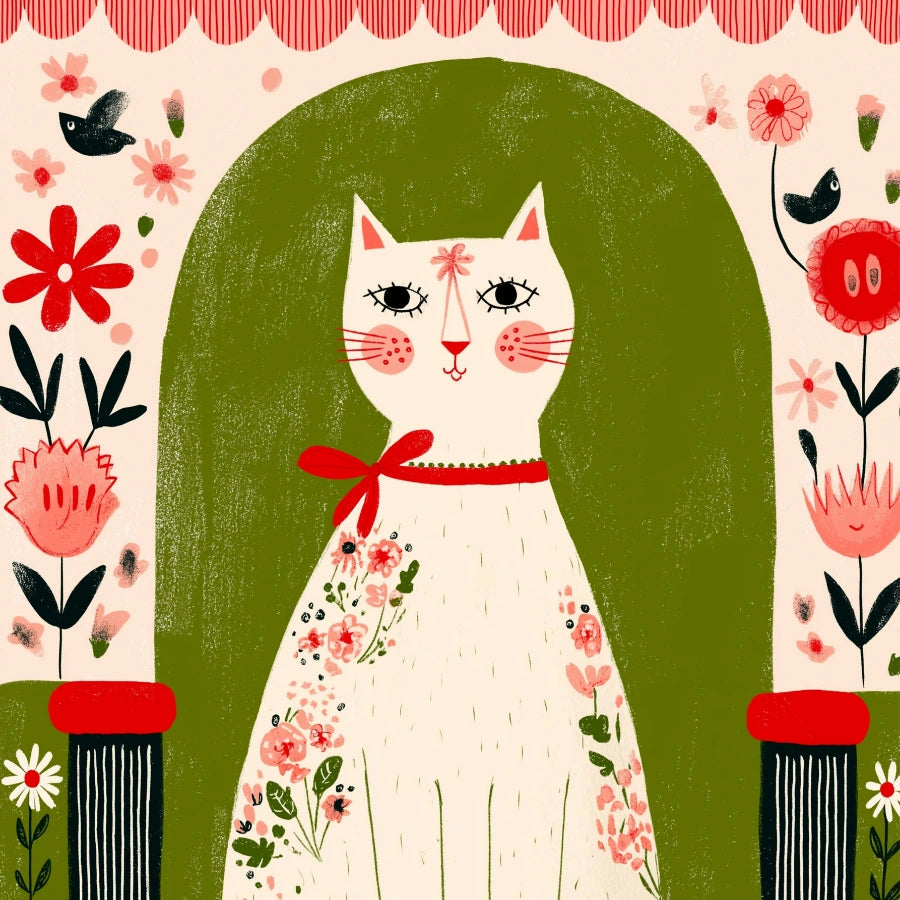 Cat Wall Art – Whimsical Floral Cat Print