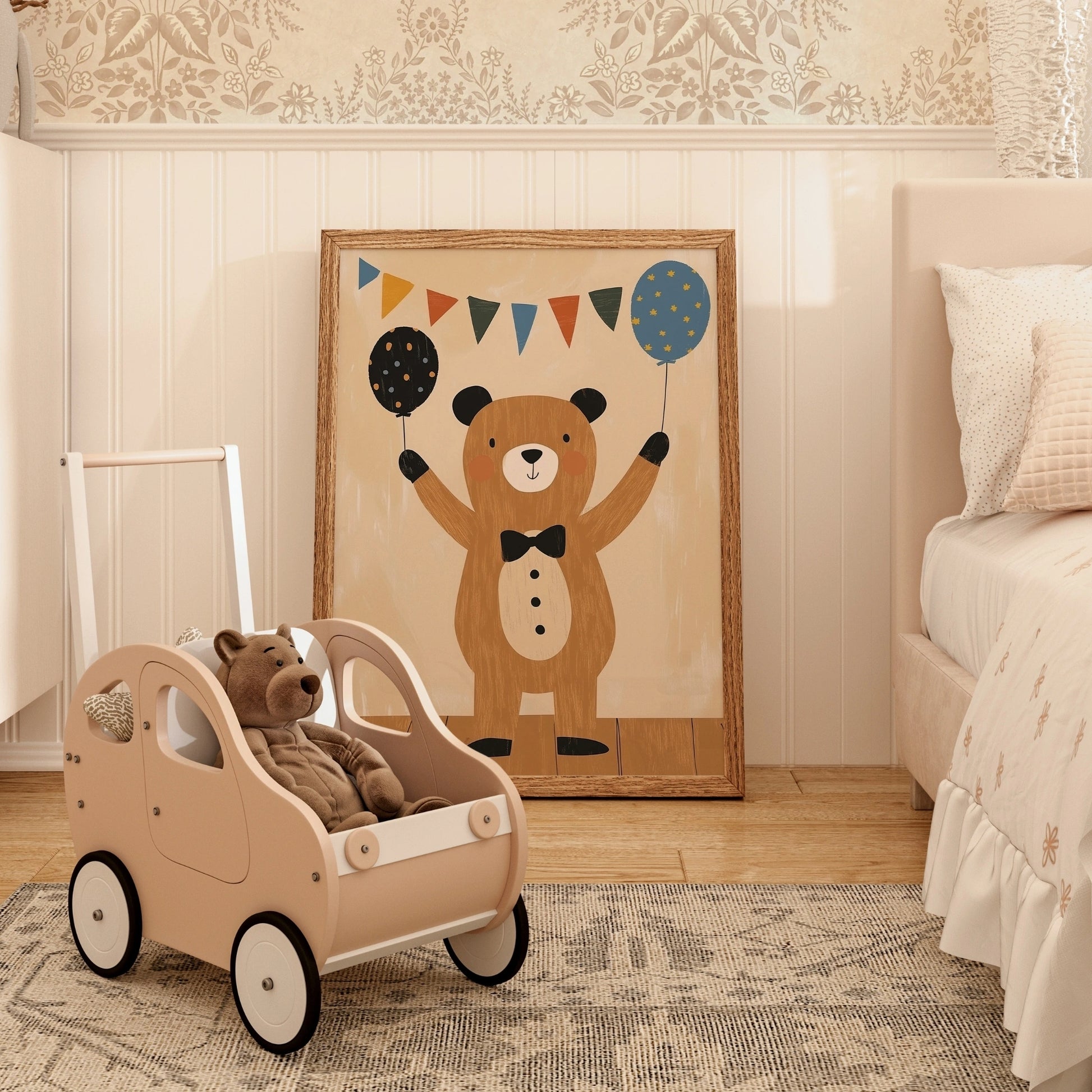 Bear with Balloons Wall Art - Cute Circus Nursery Print