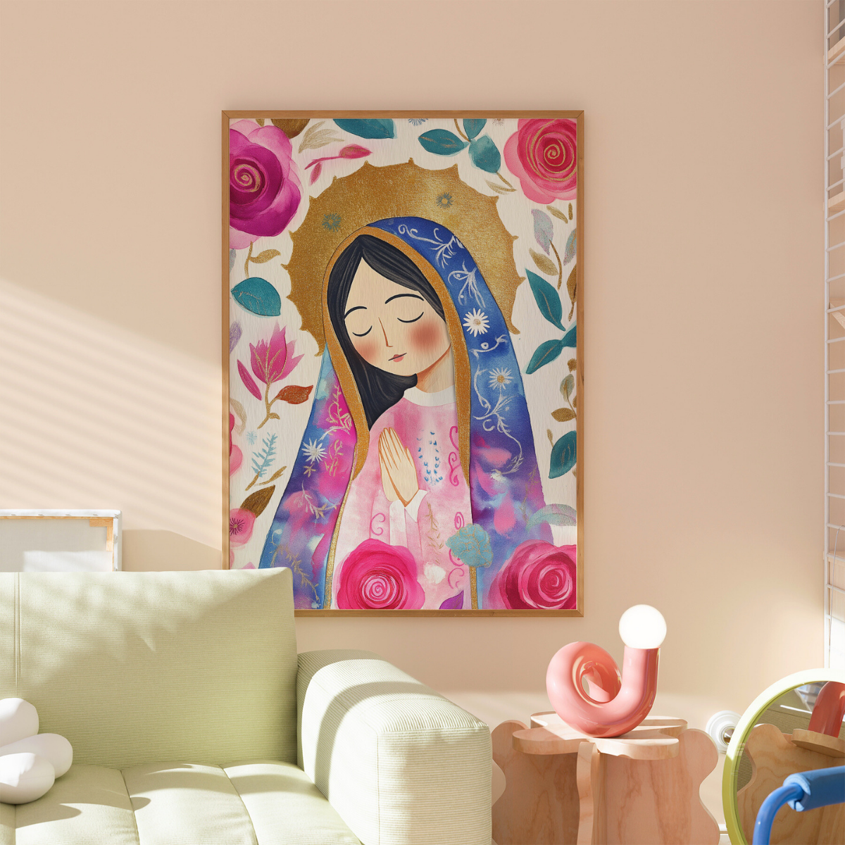 Heilige Maria – Blumenkunst für katholische Wandbilder