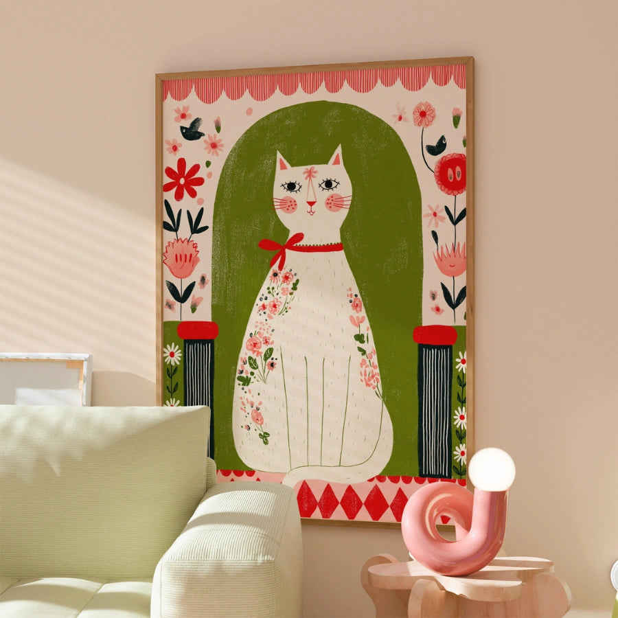 Cat Wall Art – Stampa floreale stravagante di un gatto 
