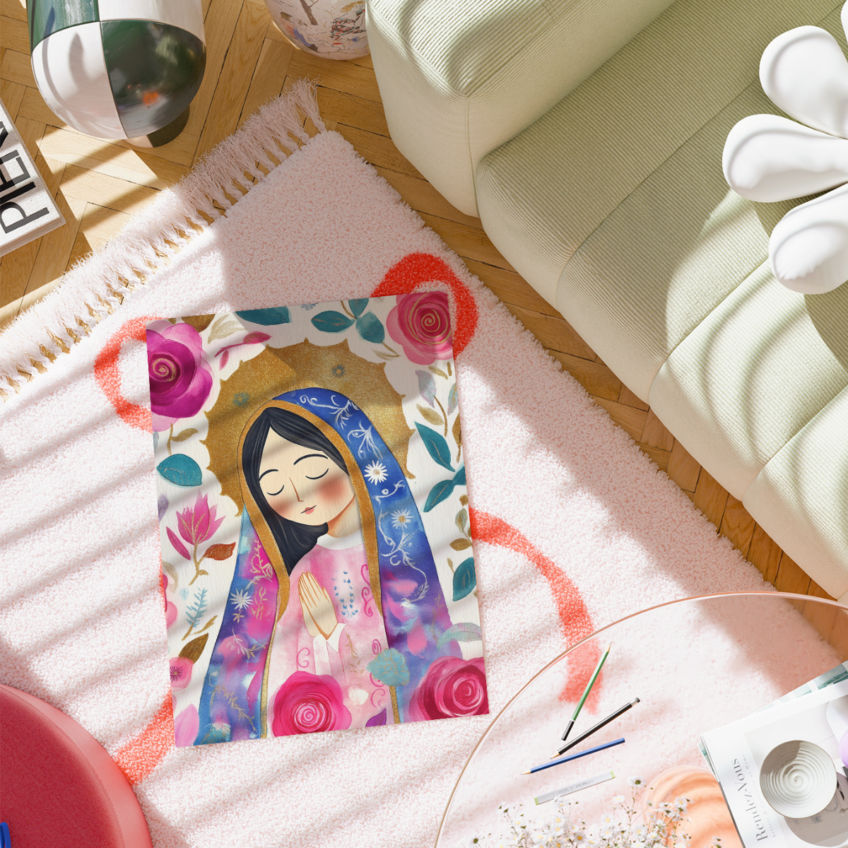 Heilige Maria – Blumenkunst für katholische Wandbilder