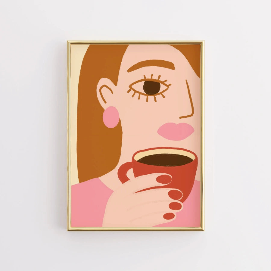 Coffee Moment Boho Wall Art – Illustrazione femminile ispirata al retrò 