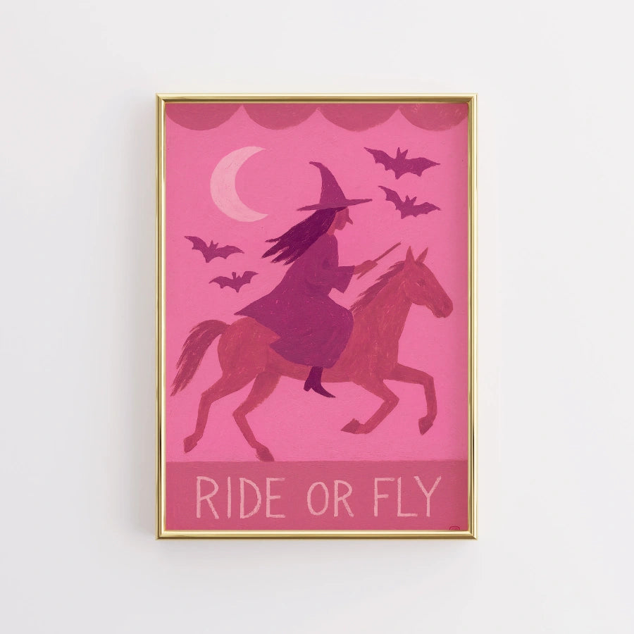 Retro Witch Riding Print – Ride or Fly Pink Halloween Wall Art