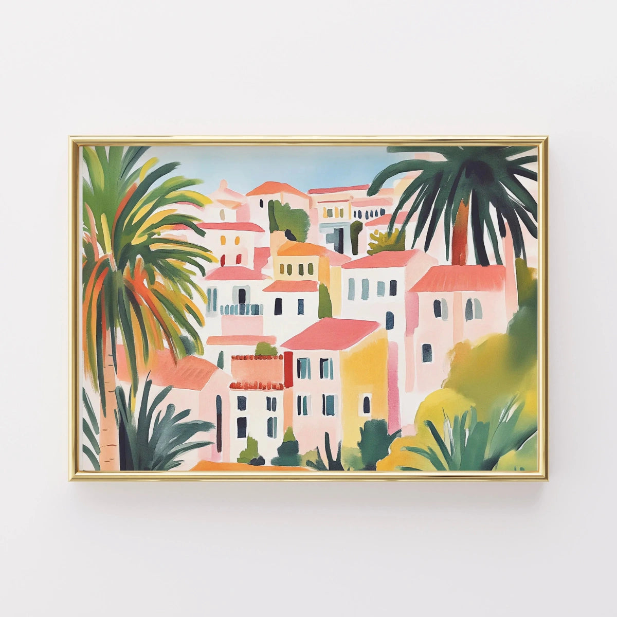 Mediterranean Village Wall Art – Colorful Coastal House Print