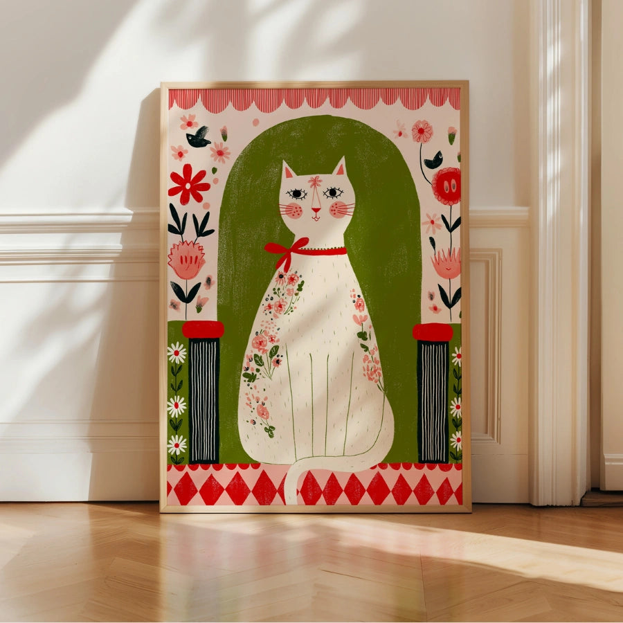 Cat Wall Art – Stampa floreale stravagante di un gatto 