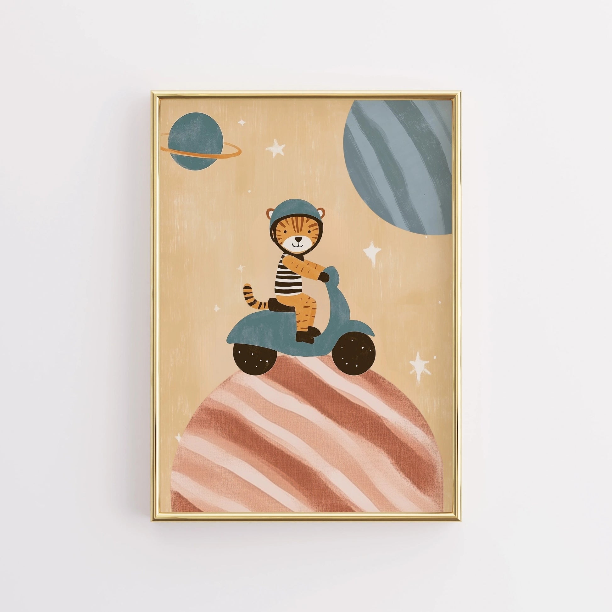 Tiger on Scooter Wall Art - Space Adventure Nursery Print