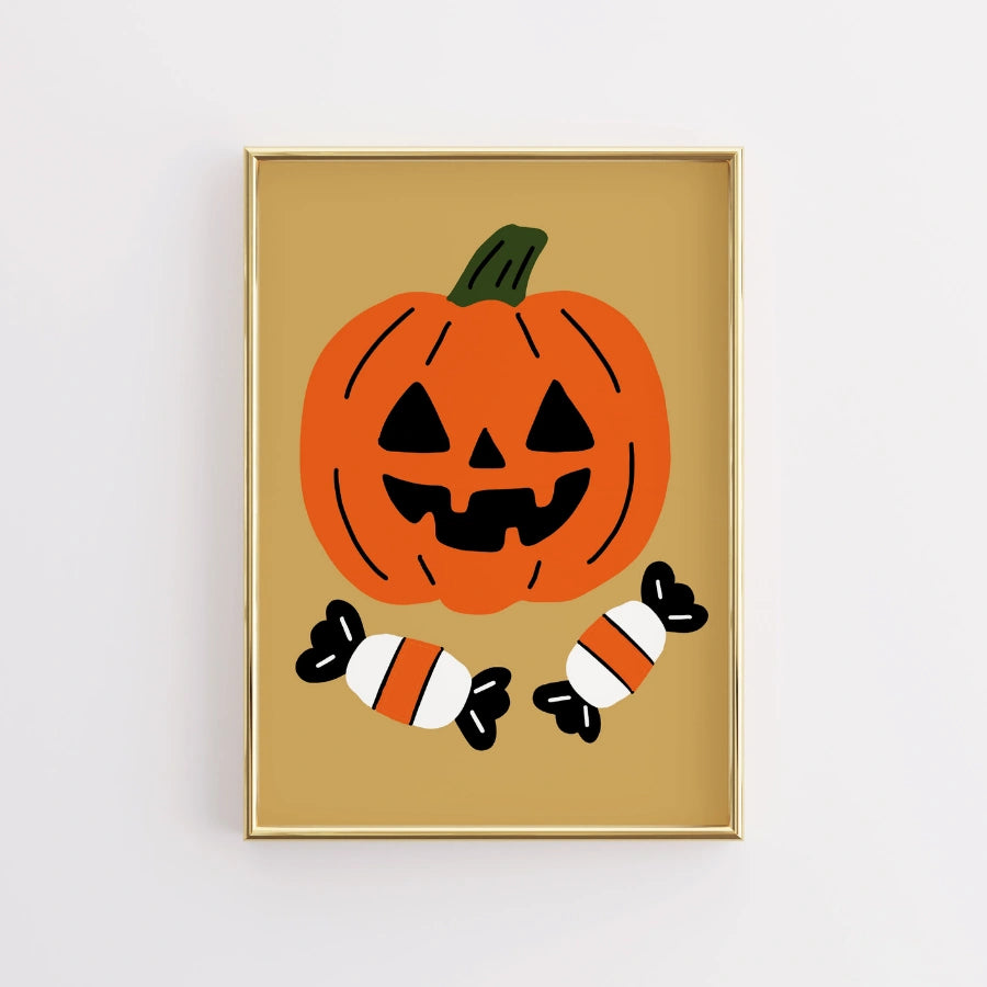 Halloween-Wandbild mit Kürbis – Kürbislaternen-Druck mit Süßigkeiten
