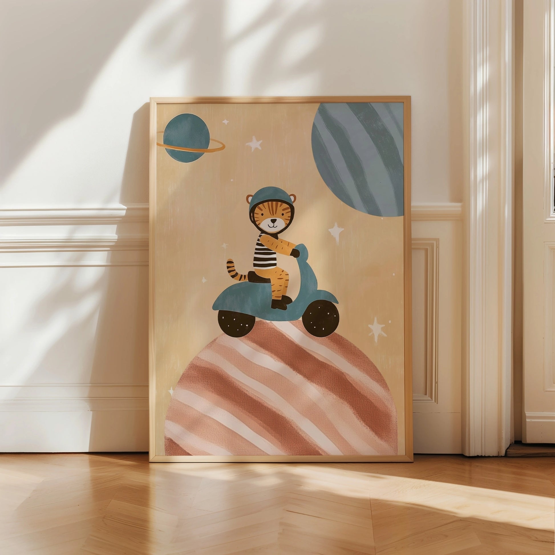 Tiger on Scooter Wall Art - Space Adventure Nursery Print