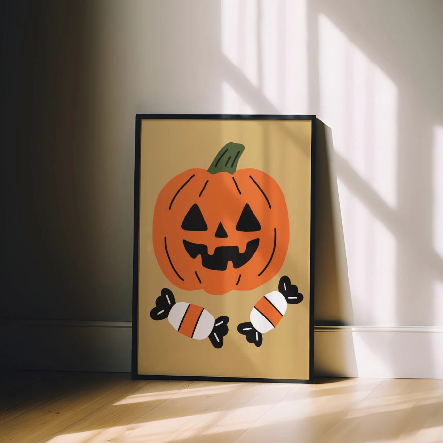 Halloween-Wandbild mit Kürbis – Kürbislaternen-Druck mit Süßigkeiten