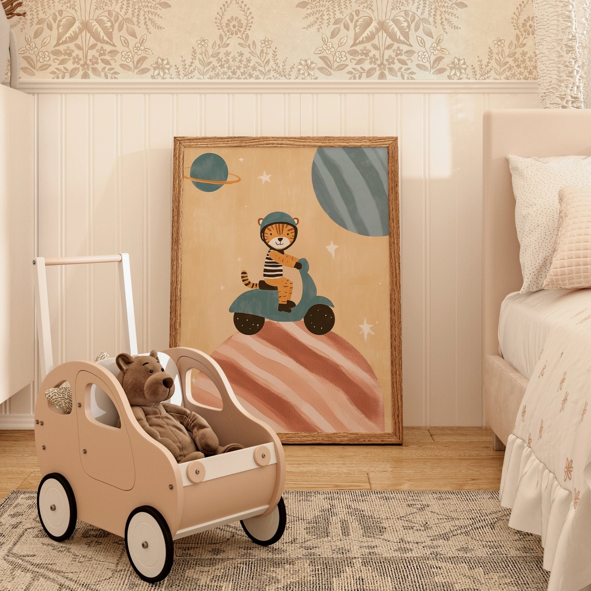 Tiger on Scooter Wall Art - Space Adventure Nursery Print