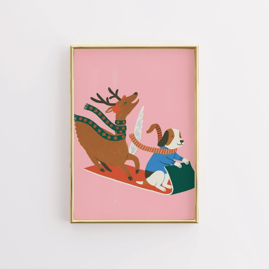 Giro in slitta con cani volanti e renne – Graziosa decorazione murale natalizia rosa