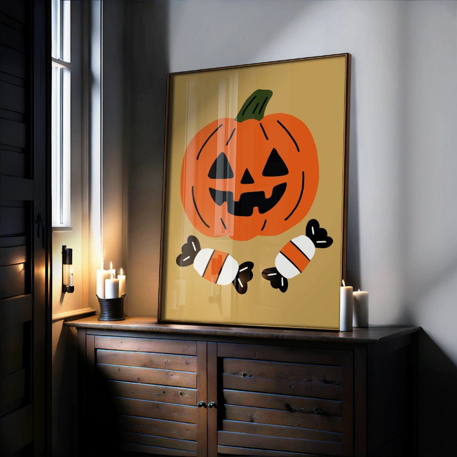 Halloween-Wandbild mit Kürbis – Kürbislaternen-Druck mit Süßigkeiten
