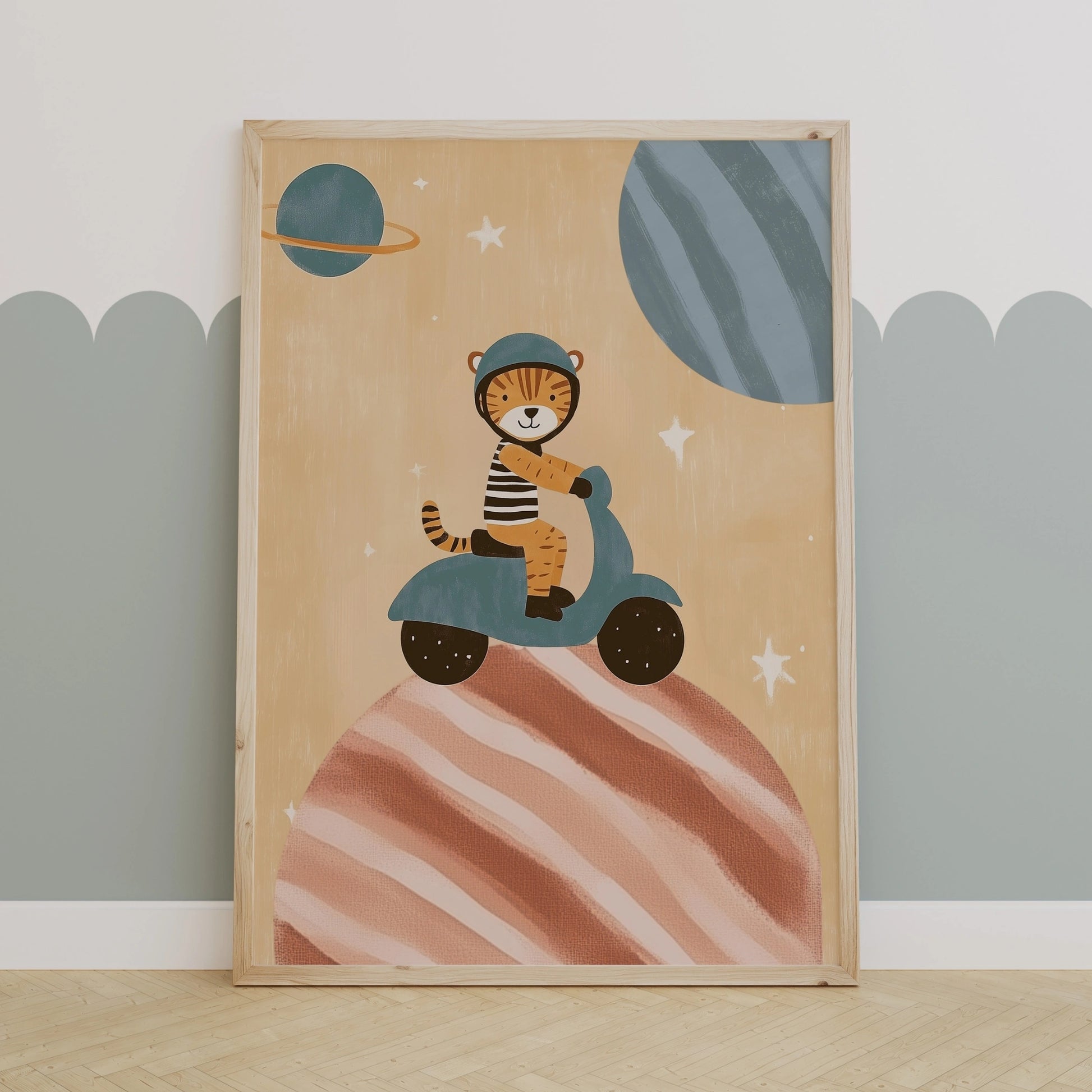 Tiger on Scooter Wall Art - Space Adventure Nursery Print