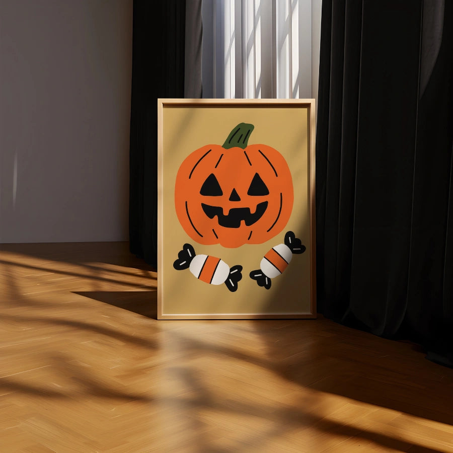 Halloween-Wandbild mit Kürbis – Kürbislaternen-Druck mit Süßigkeiten