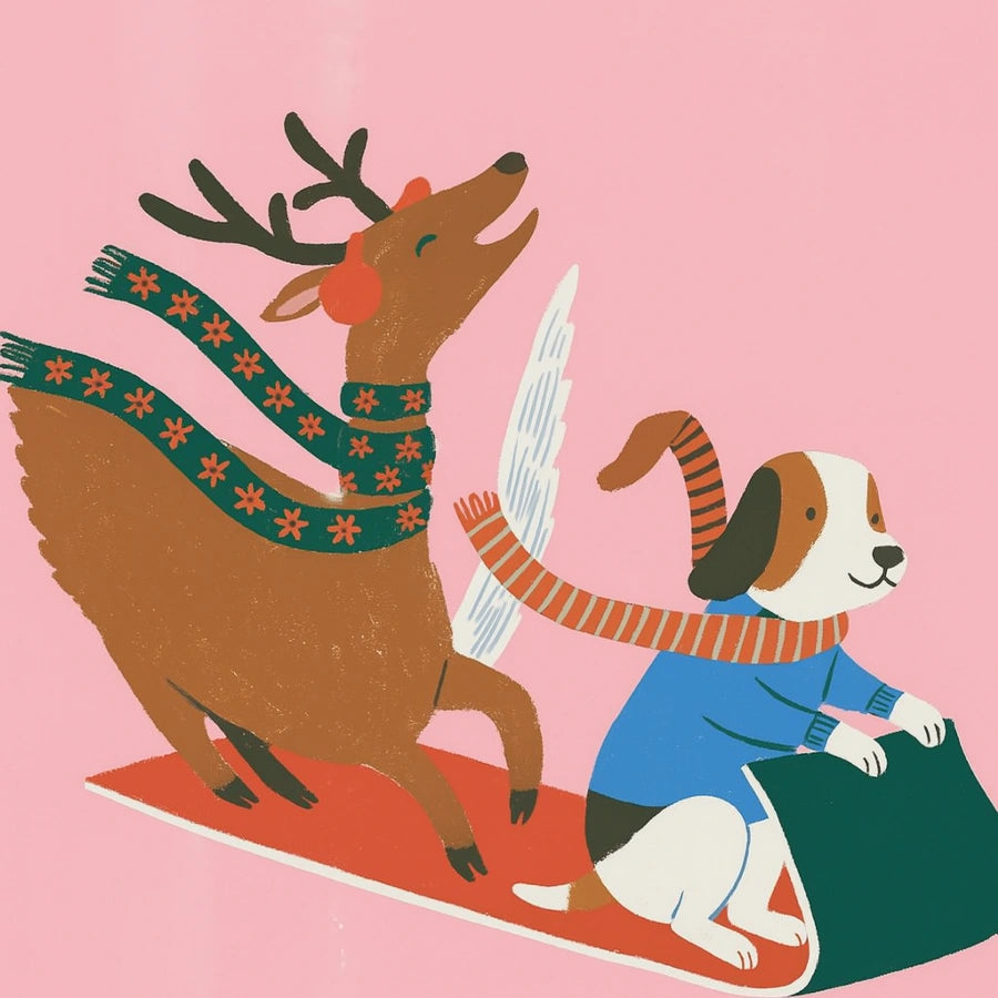 Giro in slitta con cani volanti e renne – Graziosa decorazione murale natalizia rosa