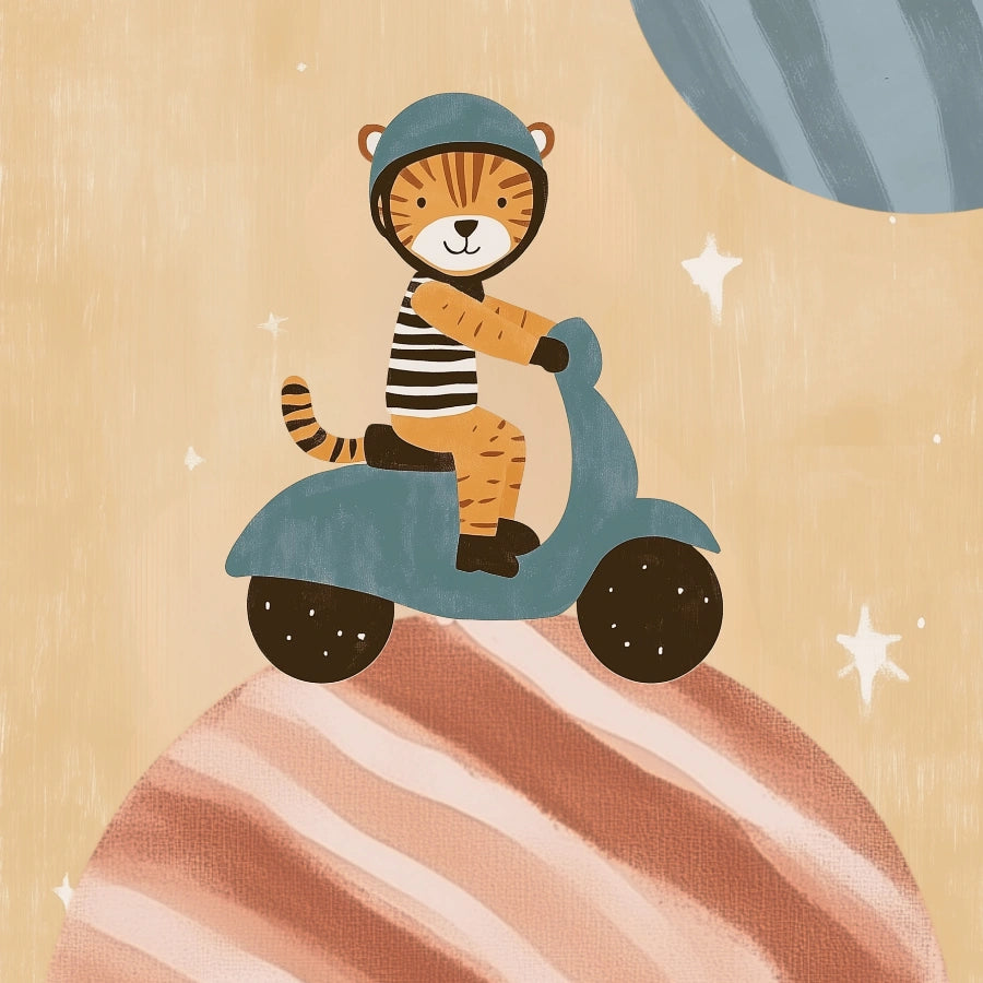 Tiger on Scooter Wall Art - Space Adventure Nursery Print