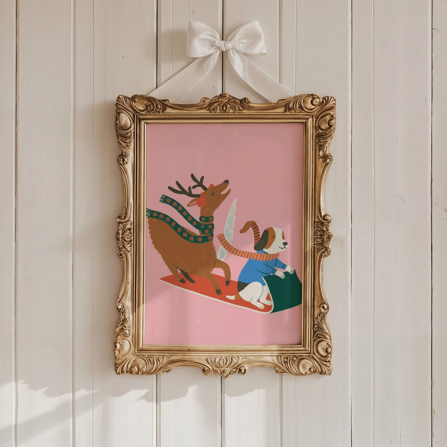 Giro in slitta con cani volanti e renne – Graziosa decorazione murale natalizia rosa