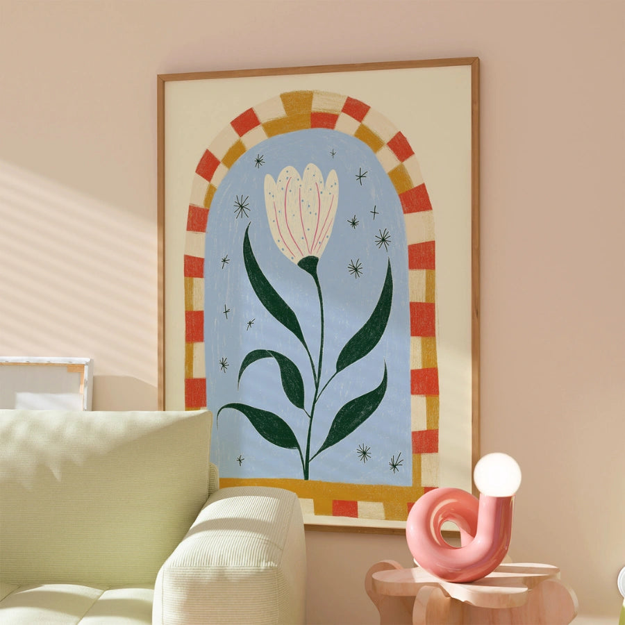 Arte murale con tulipano stellato – Stampa floreale in stile naif stravagante 