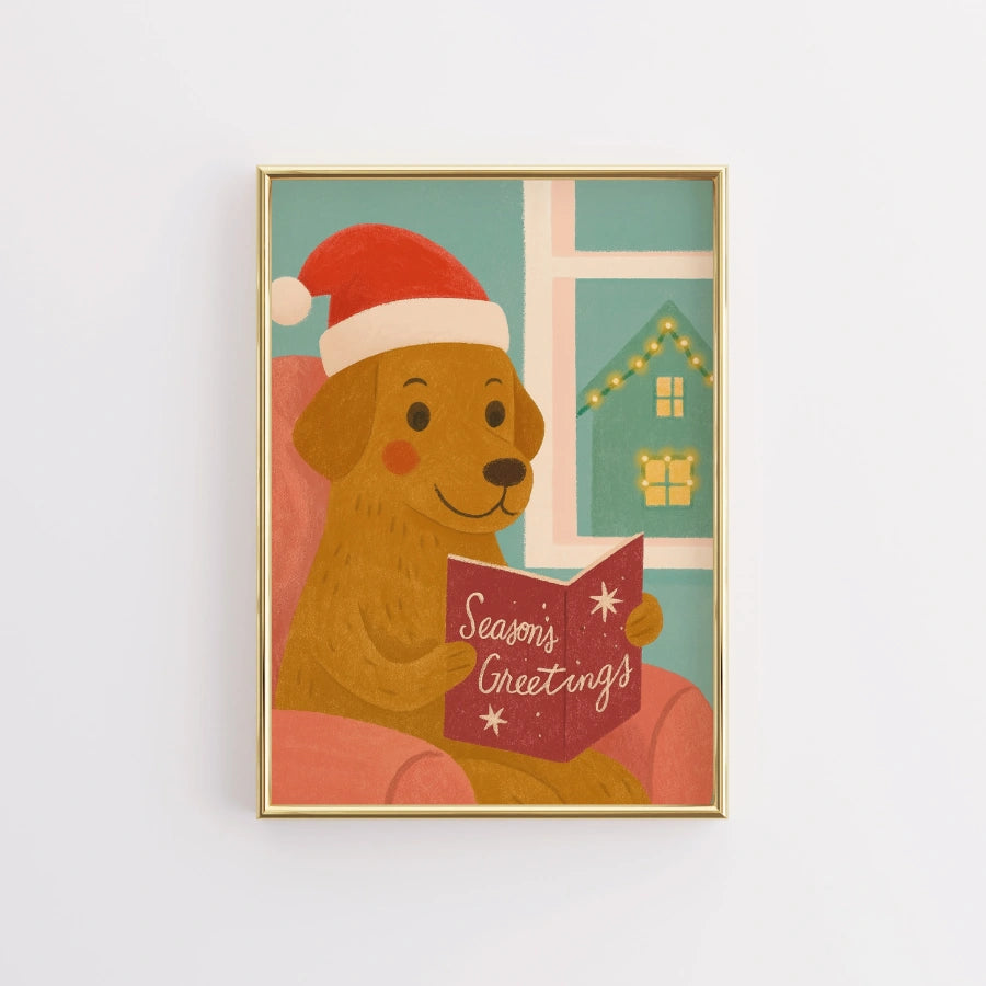 Dog Reading Season’s Greetings – Whimsical Christmas Dog Art